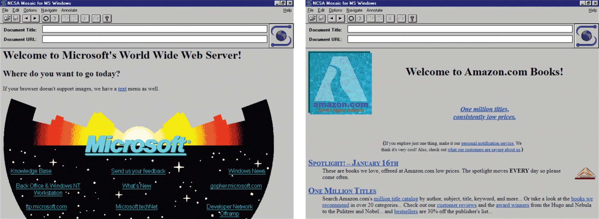 Old screenshots of Microsoft and Amazon websites in NCSA browser